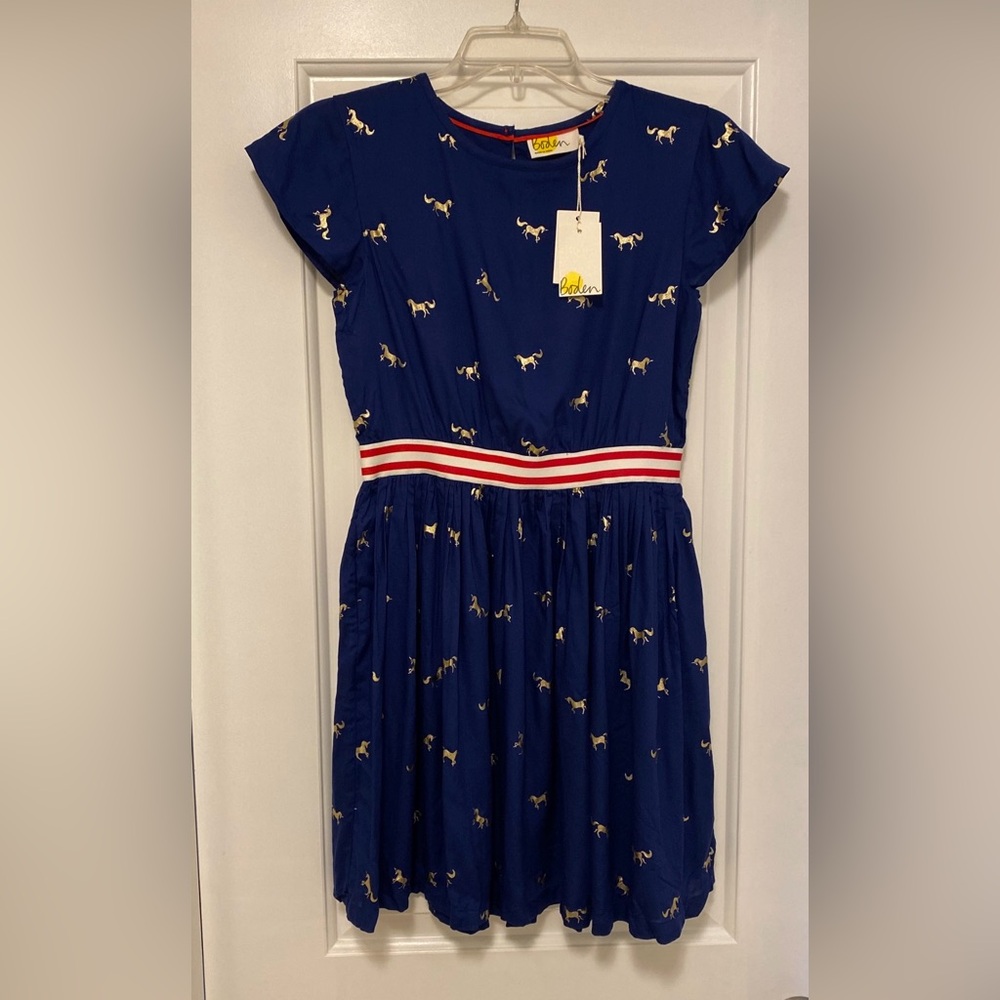 NEW Boden College Navy Dress With Gold Unicorns Size 11/12yrs  Retail $64